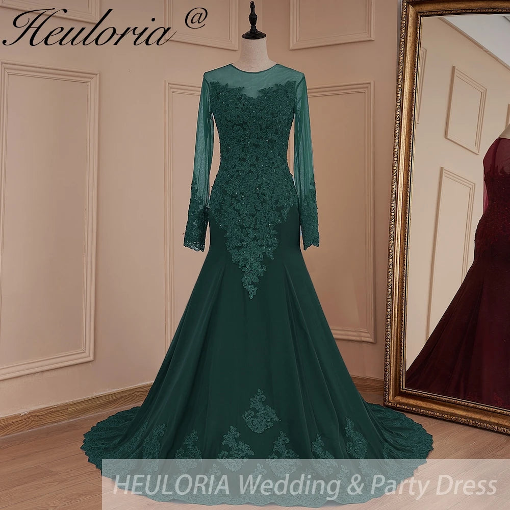 HEULORIA Mermaid Evening Dresses Long sleeve lace applique wedding dress formal prom dress