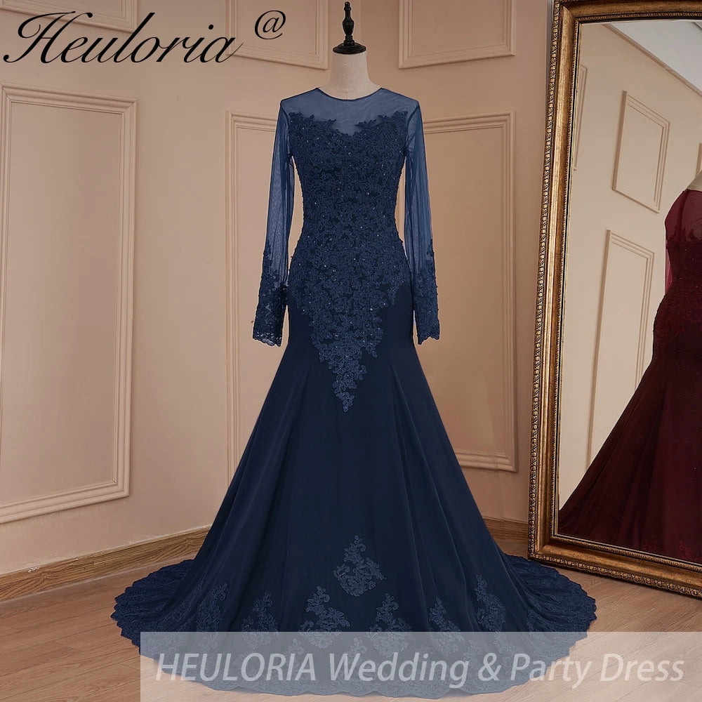 HEULORIA Mermaid Evening Dresses Long sleeve lace applique wedding dress formal prom dress