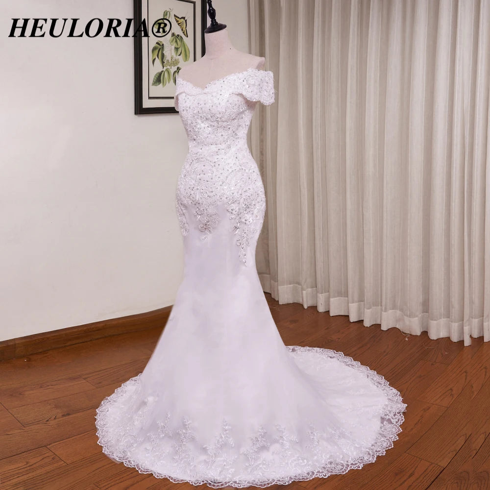 HEULORIA Mermaid Wedding Dresses off shoulder lace up Bride Dress plus size lace beading Robe de mariage customize ME-51005