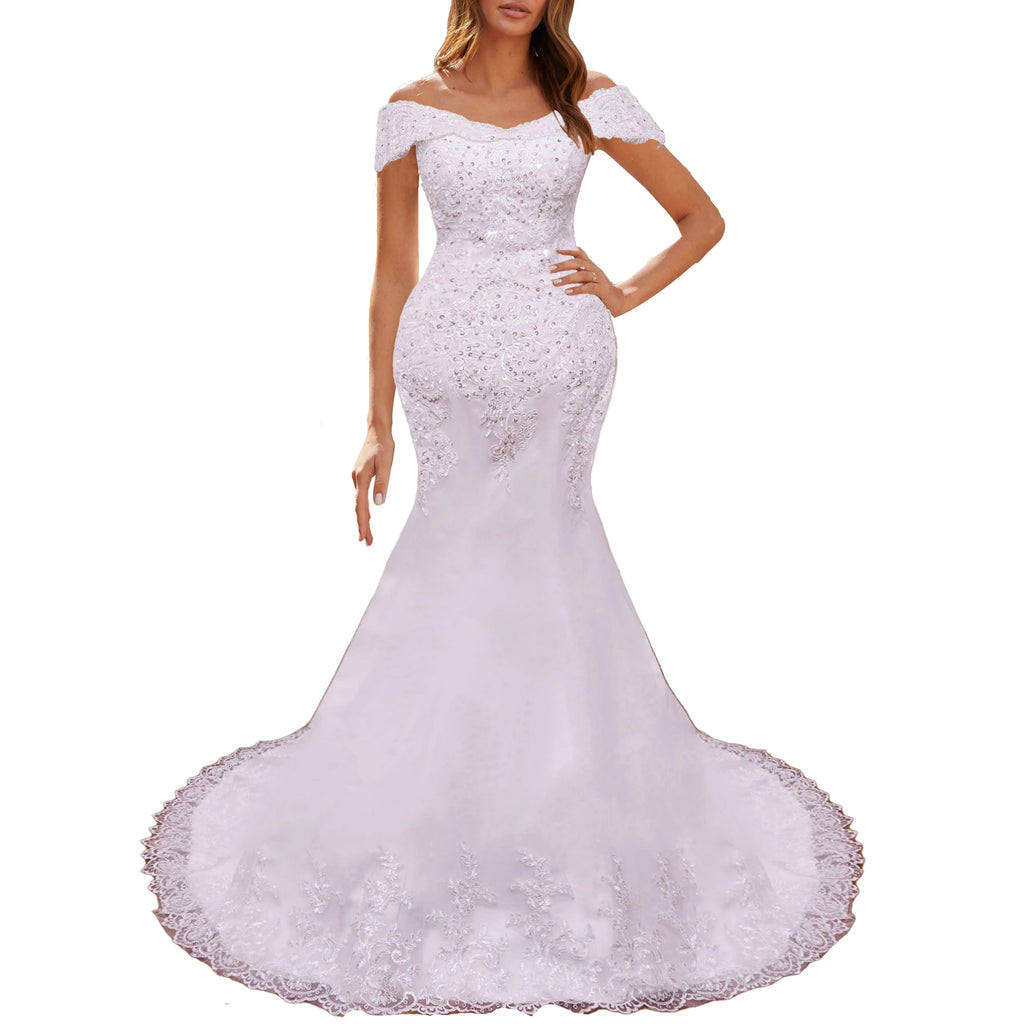 HEULORIA Mermaid Wedding Dresses off shoulder lace up Bride Dress plus size lace beading Robe de mariage customize ME-51005