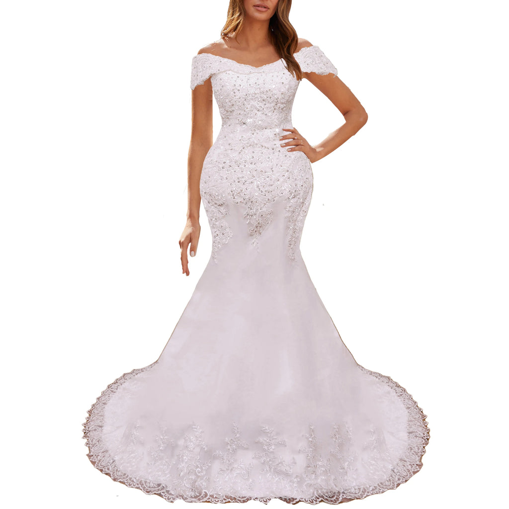 HEULORIA Mermaid Wedding Dresses off shoulder lace up Bride Dress plus size lace beading Robe de mariage customize ME-51005
