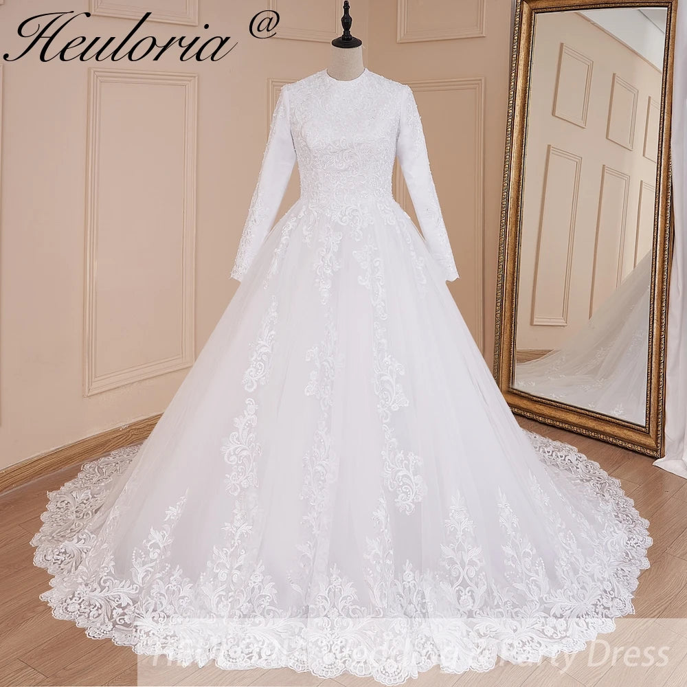 HEULORIA Muslim Wedding Dress long sleeve bride dress O neck plus size robe de mariee Lace beading  Bridal Gown BA-576