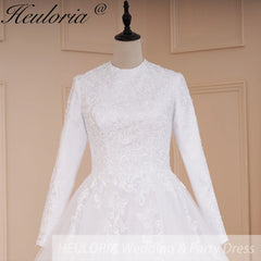 Vestido de novia musulmán HEULORIA, vestido de novia de manga larga con cuello redondo, vestido de novia de talla grande con encaje y cuentas 