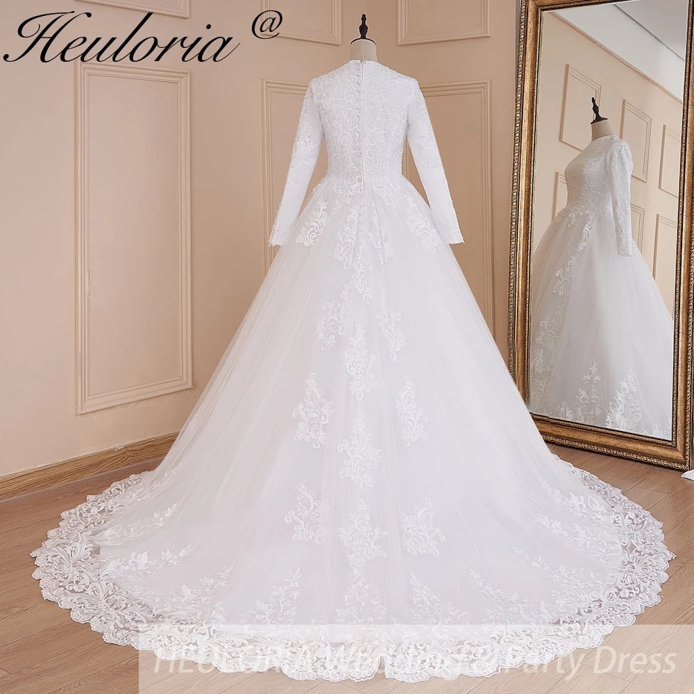 HEULORIA Muslim Wedding Dress long sleeve bride dress O neck plus size robe de mariee Lace beading  Bridal Gown BA-576