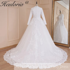 Vestido de novia musulmán HEULORIA, vestido de novia de manga larga con cuello redondo, vestido de novia de talla grande con encaje y cuentas 