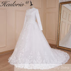HEULORIA Muslim Wedding Dress long sleeve bride dress O neck plus size robe de mariee Lace beading  Bridal Gown BA-576