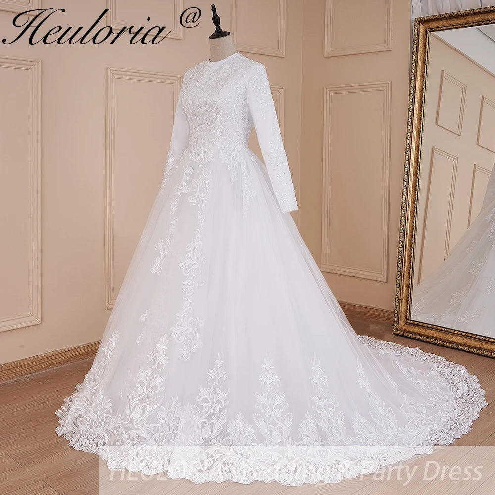 HEULORIA Muslim Wedding Dress long sleeve bride dress O neck plus size robe de mariee Lace beading  Bridal Gown BA-576