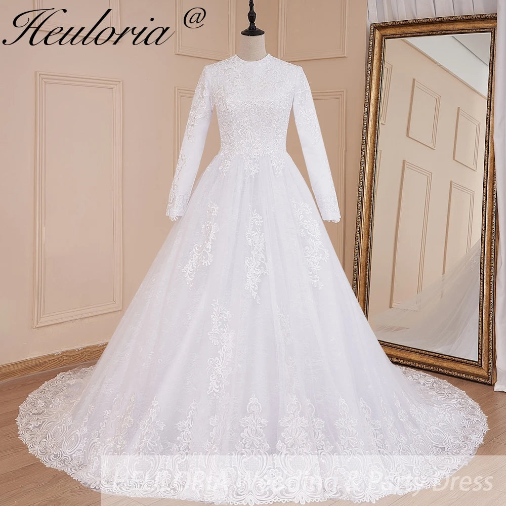 HEULORIA Muslim ball gown Wedding Dress long sleeve round neck plus size robe de mariee Lace beading bride dress court train BA-570