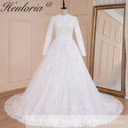 HEULORIA Muslim ball gown Wedding Dress long sleeve round neck plus size robe de mariee Lace beading bride dress court train BA-570