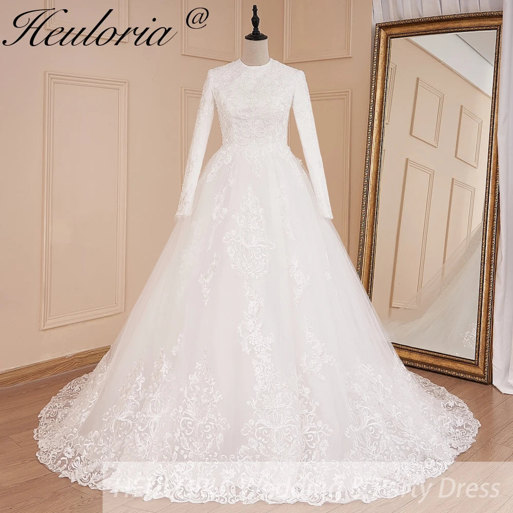 HEULORIA Muslim ball gown Wedding Dress long sleeve round neck plus size robe de mariee Lace beading bride dress court train BA-569