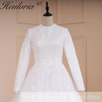 HEULORIA Muslim ball gown Wedding Dress long sleeve round neck plus size robe de mariee Lace beading bride dress court train BA-570