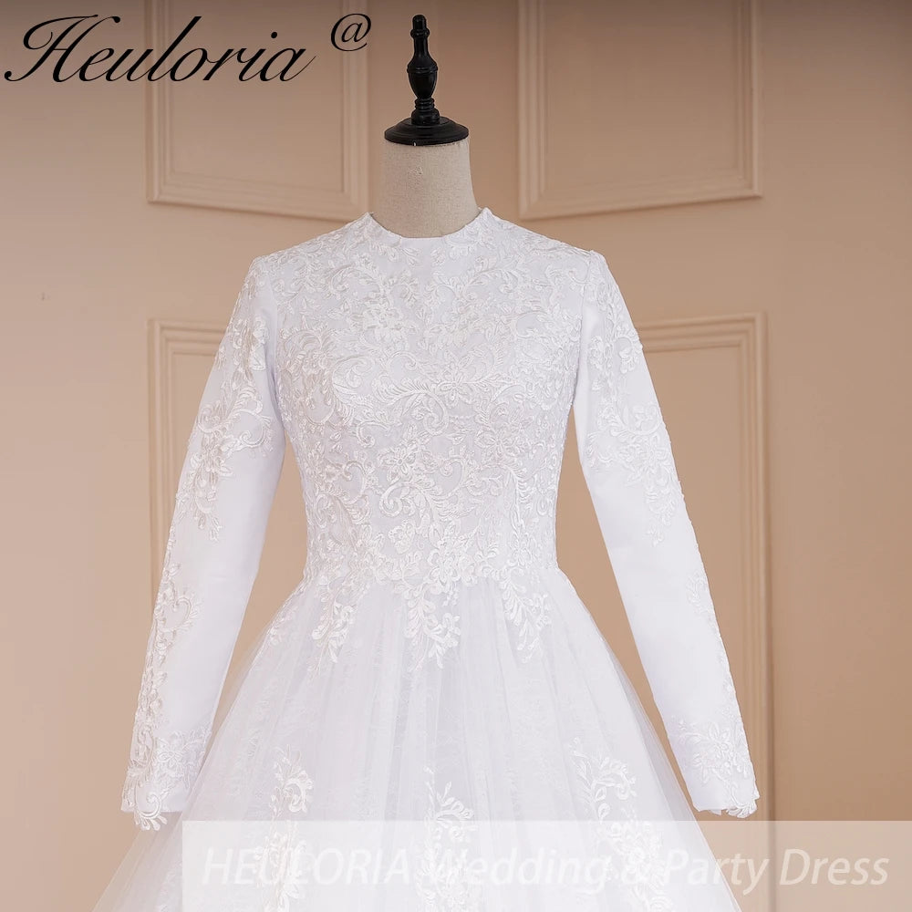 HEULORIA Muslim ball gown Wedding Dress long sleeve round neck plus size robe de mariee Lace beading bride dress court train BA-570