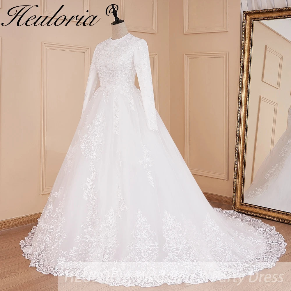 HEULORIA Muslim ball gown Wedding Dress long sleeve round neck plus size robe de mariee Lace beading bride dress court train BA-569