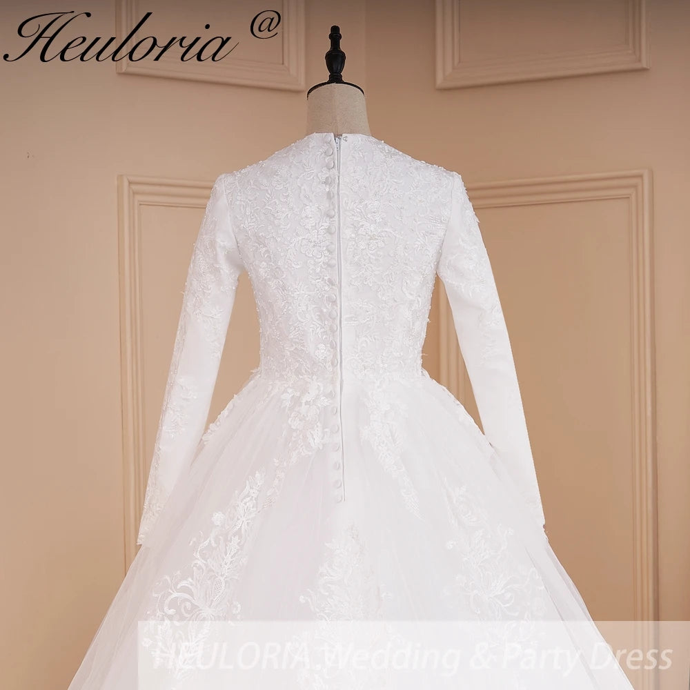 HEULORIA Muslim ball gown Wedding Dress long sleeve round neck plus size robe de mariee Lace beading bride dress court train BA-569