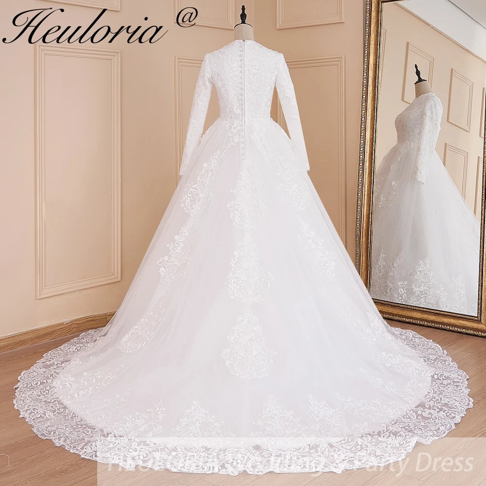 HEULORIA Muslim ball gown Wedding Dress long sleeve round neck plus size robe de mariee Lace beading bride dress court train BA-569