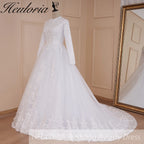 HEULORIA Muslim ball gown Wedding Dress long sleeve round neck plus size robe de mariee Lace beading bride dress court train BA-570