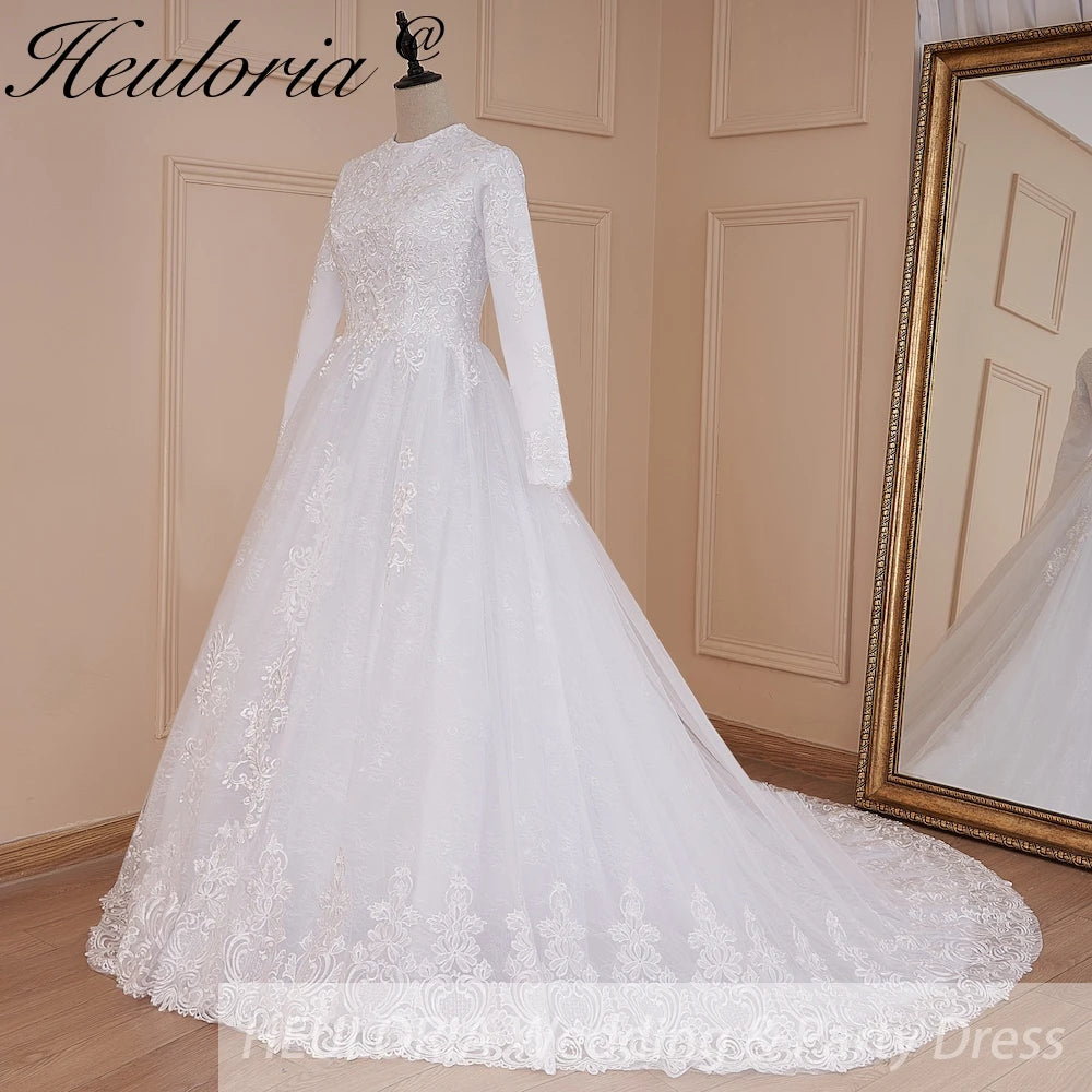 HEULORIA Muslim ball gown Wedding Dress long sleeve round neck plus size robe de mariee Lace beading bride dress court train BA-570