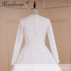 HEULORIA Muslim ball gown Wedding Dress long sleeve round neck plus size robe de mariee Lace beading bride dress court train BA-570