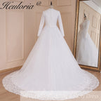 HEULORIA Muslim ball gown Wedding Dress long sleeve round neck plus size robe de mariee Lace beading bride dress court train BA-570