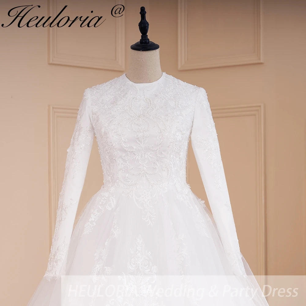 HEULORIA Muslim ball gown Wedding Dress long sleeve round neck plus size robe de mariee Lace beading bride dress court train BA-569