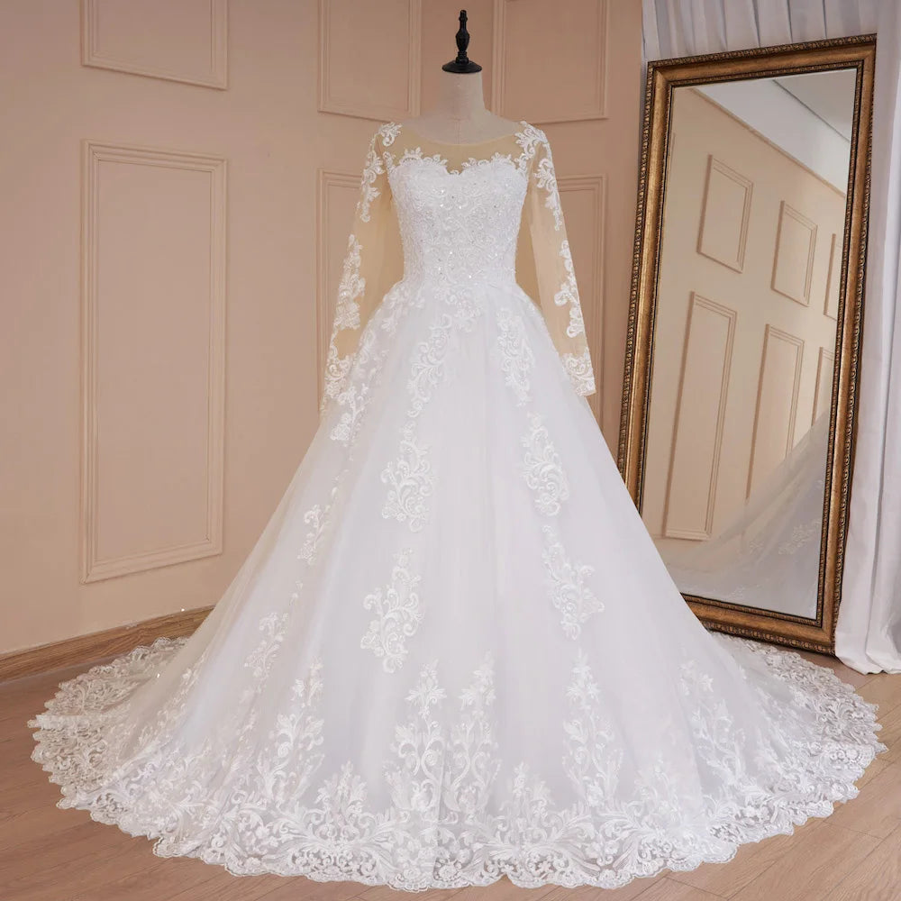 HEULORIA Princess Ball Gown Wedding Dress long sleeve bride dress O neck plus size robe de mariee Lace beading  Bridal Gown BA-539