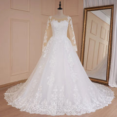 HEULORIA vestido de fiesta de princesa vestido de novia de manga larga vestido de novia cuello redondo de talla grande vestido de novia de encaje con cuentas 