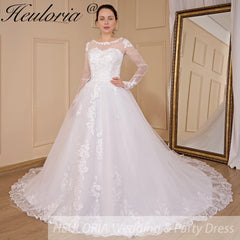 HEULORIA Princess Wedding Dress long sleeve bride dress O neck plus size robe de mariee Lace beading Bridal Gown BA-701