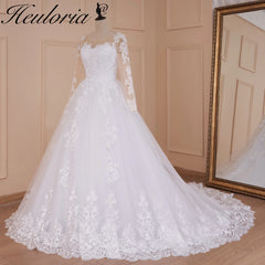 HEULORIA vestido de fiesta de princesa vestido de novia de manga larga vestido de novia cuello redondo de talla grande vestido de novia de encaje con cuentas 