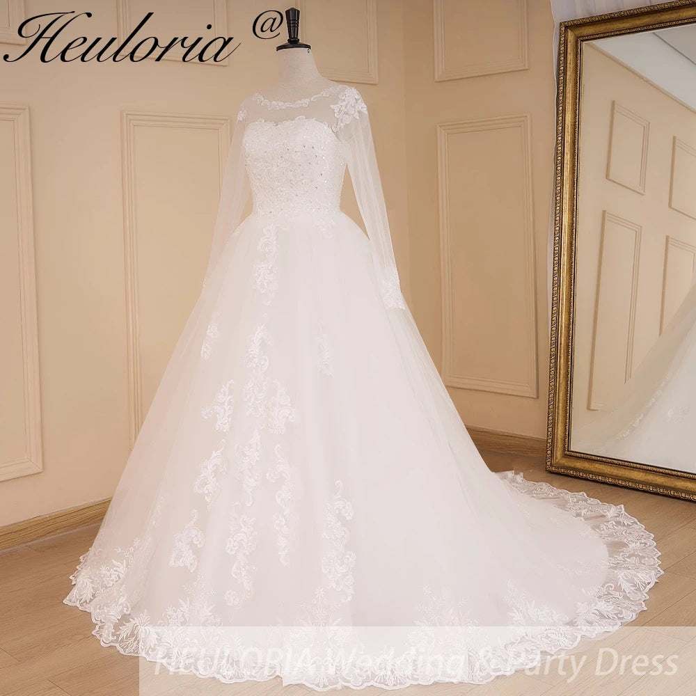 HEULORIA Princess Ball Gown Wedding Dress long sleeve bride dress O neck plus size robe de mariee Lace beading Bridal Gown BA-641