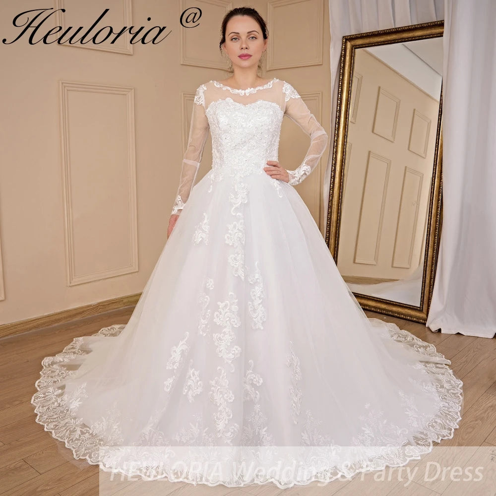 HEULORIA Princess Wedding Dress long sleeve bride dress O neck plus size robe de mariee Lace beading Bridal Gown BA-701