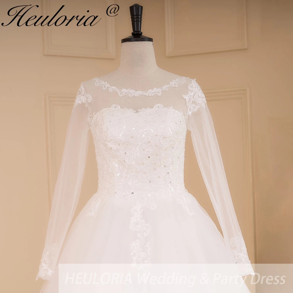 HEULORIA Princess Ball Gown Wedding Dress long sleeve bride dress O neck plus size robe de mariee Lace beading Bridal Gown BA-641