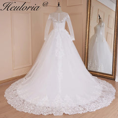 HEULORIA vestido de fiesta de princesa vestido de novia de manga larga vestido de novia cuello redondo de talla grande vestido de novia de encaje con cuentas 