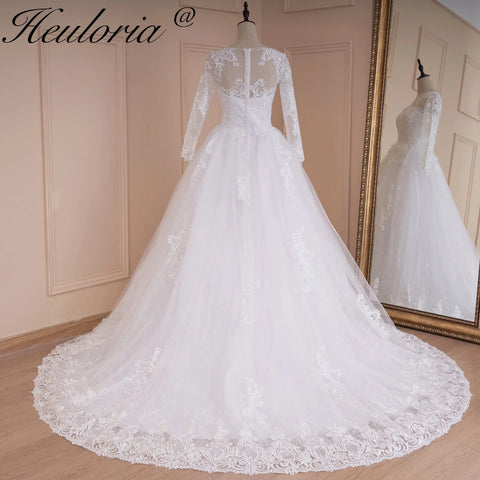 HEULORIA Princess Ball Gown Wedding Dress long sleeve bride dress O neck plus size robe de mariee Lace beading Bridal Gown