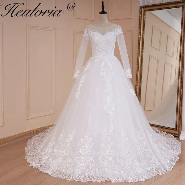 HEULORIA Princess Ball Gown Wedding Dress long sleeve bride dress O neck plus size robe de mariee Lace beading Bridal Gown