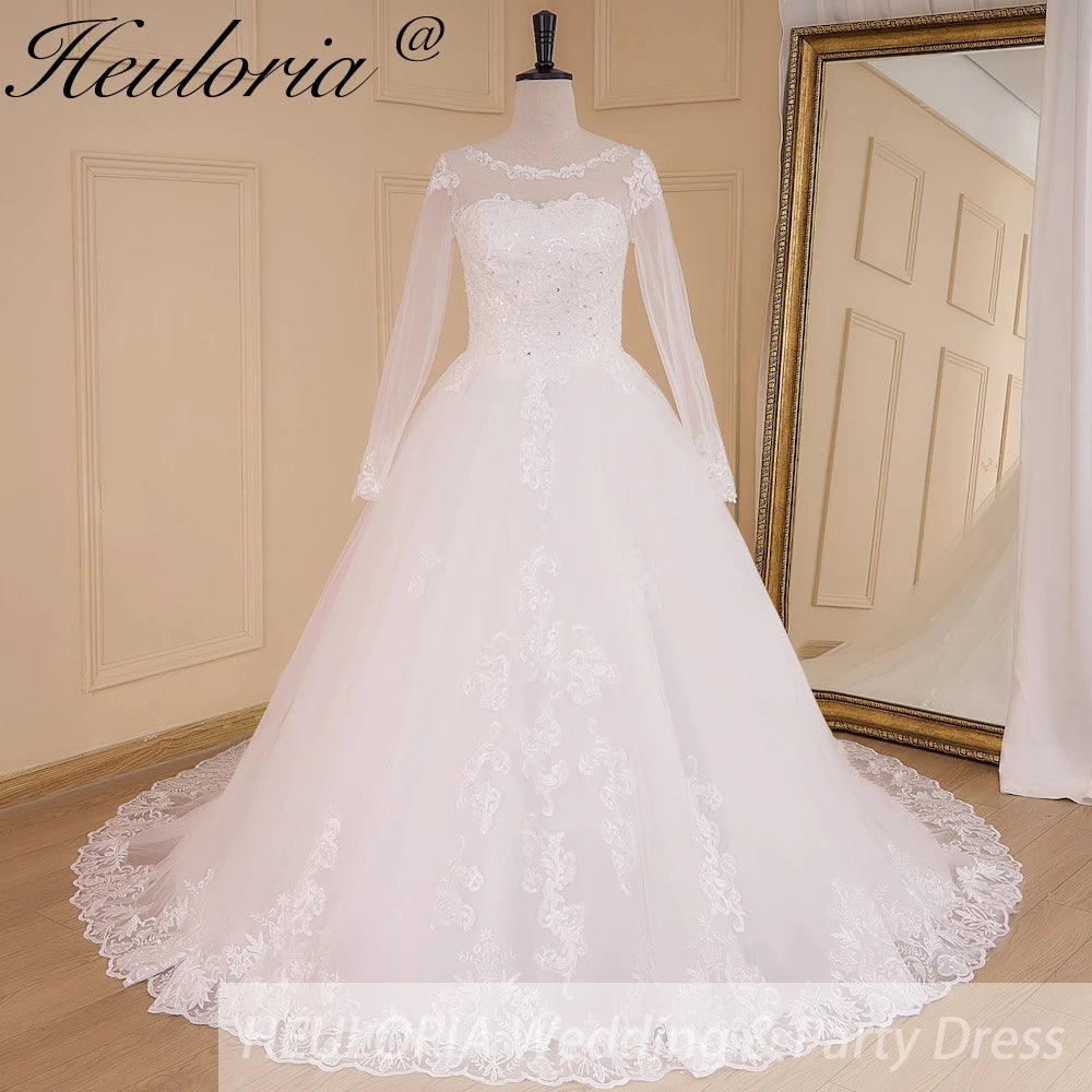 HEULORIA Princess Ball Gown Wedding Dress long sleeve bride dress O neck plus size robe de mariee Lace beading Bridal Gown BA-641