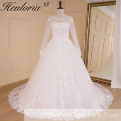 HEULORIA Princess Ball Gown Wedding Dress long sleeve bride dress O neck plus size robe de mariee Lace beading Bridal Gown BA-641