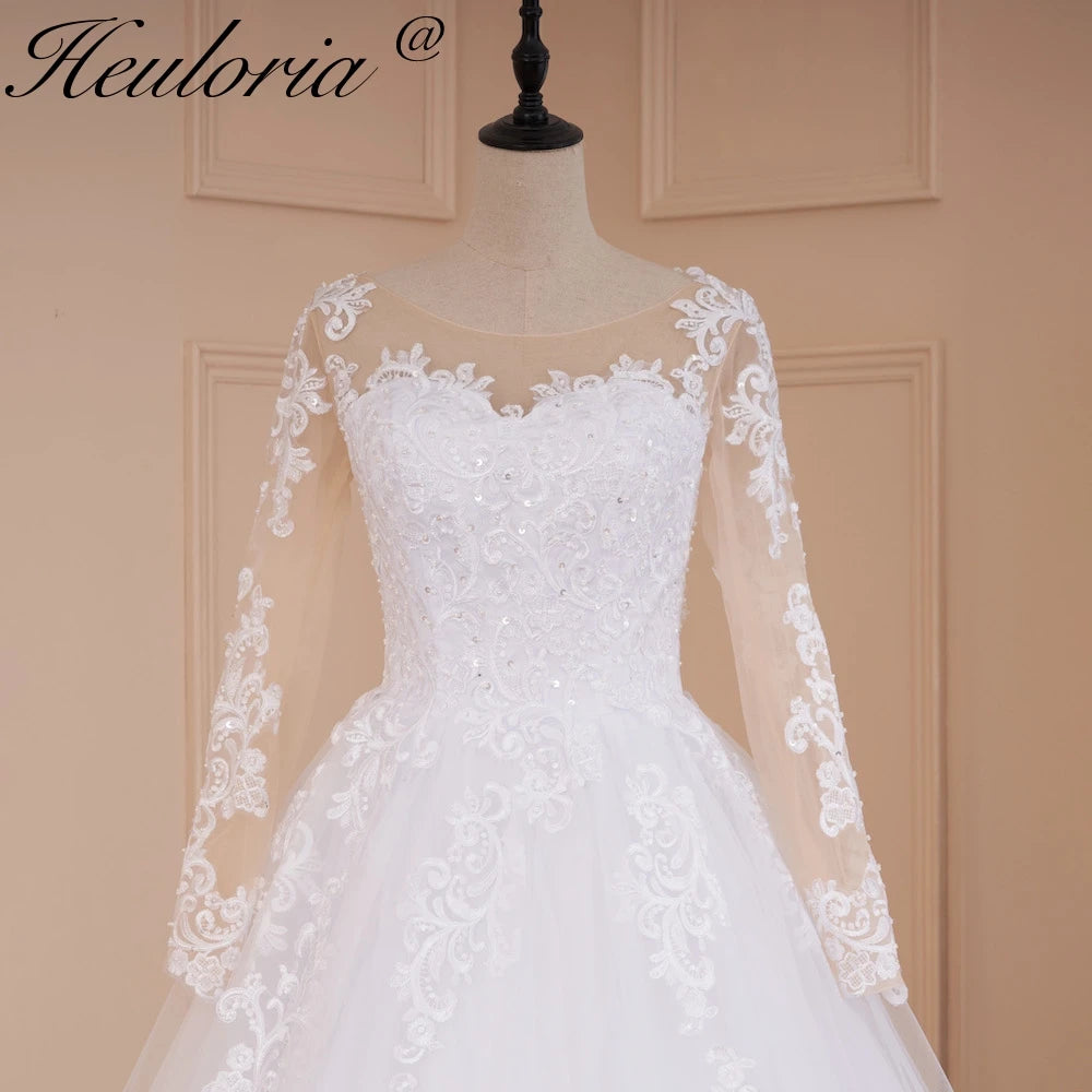 HEULORIA Princess Ball Gown Wedding Dress long sleeve bride dress O neck plus size robe de mariee Lace beading  Bridal Gown BA-539