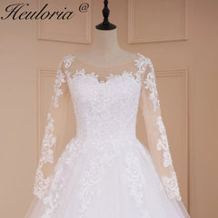 HEULORIA vestido de fiesta de princesa vestido de novia de manga larga vestido de novia cuello redondo de talla grande vestido de novia de encaje con cuentas 