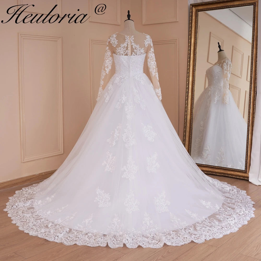 HEULORIA Princess Ball Gown Wedding Dress long sleeve bride dress O neck plus size robe de mariee Lace beading  Bridal Gown BA-539