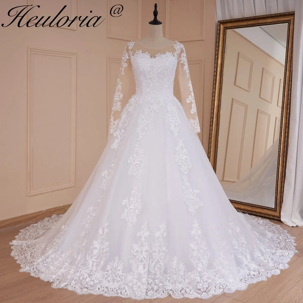 HEULORIA vestido de fiesta de princesa vestido de novia de manga larga vestido de novia cuello redondo de talla grande vestido de novia de encaje con cuentas 