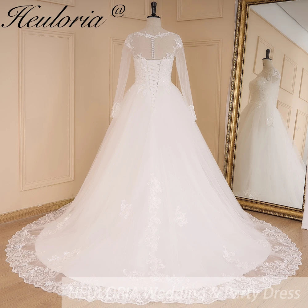 HEULORIA Princess Ball Gown Wedding Dress long sleeve bride dress O neck plus size robe de mariee Lace beading Bridal Gown BA-641