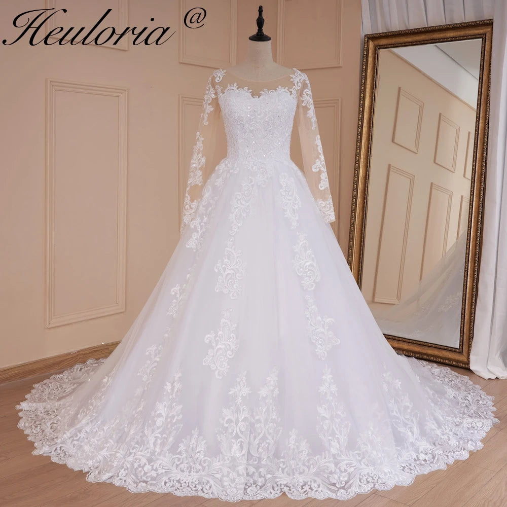 HEULORIA Princess Ball Gown Wedding Dress long sleeve bride dress O neck plus size robe de mariee Lace beading  Bridal Gown BA-599