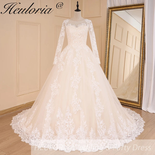 HEULORIA vestido de fiesta de princesa vestido de novia de manga larga vestido de novia cuello redondo de talla grande vestido de novia de encaje con cuentas 