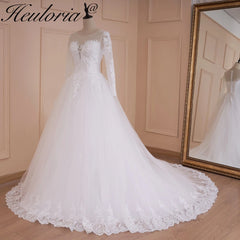 HEULORIA princesse robe de bal robe de mariée à manches longues robe de mariée col rond grande taille robe de mariée dentelle perles robe de mariée 