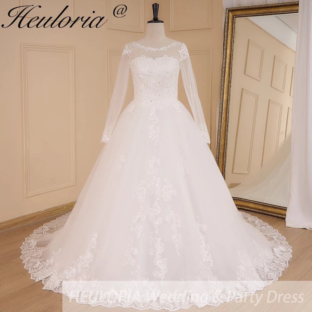 HEULORIA Princess Ball Gown Wedding Dress long sleeve bride dress O neck plus size robe de mariee Lace beading Bridal Gown BA-641