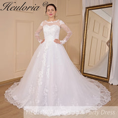 HEULORIA Princess Wedding Dress long sleeve bride dress O neck plus size robe de mariee Lace beading Bridal Gown BA-701