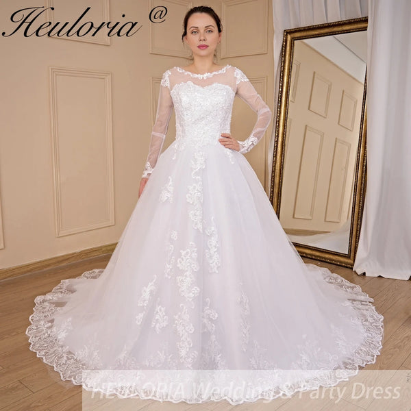 HEULORIA Princess Wedding Dress long sleeve bride dress O neck plus size robe de mariee Lace beading Bridal Gown
