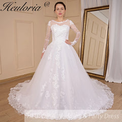 HEULORIA Princess Wedding Dress long sleeve bride dress O neck plus size robe de mariee Lace beading Bridal Gown BA-701