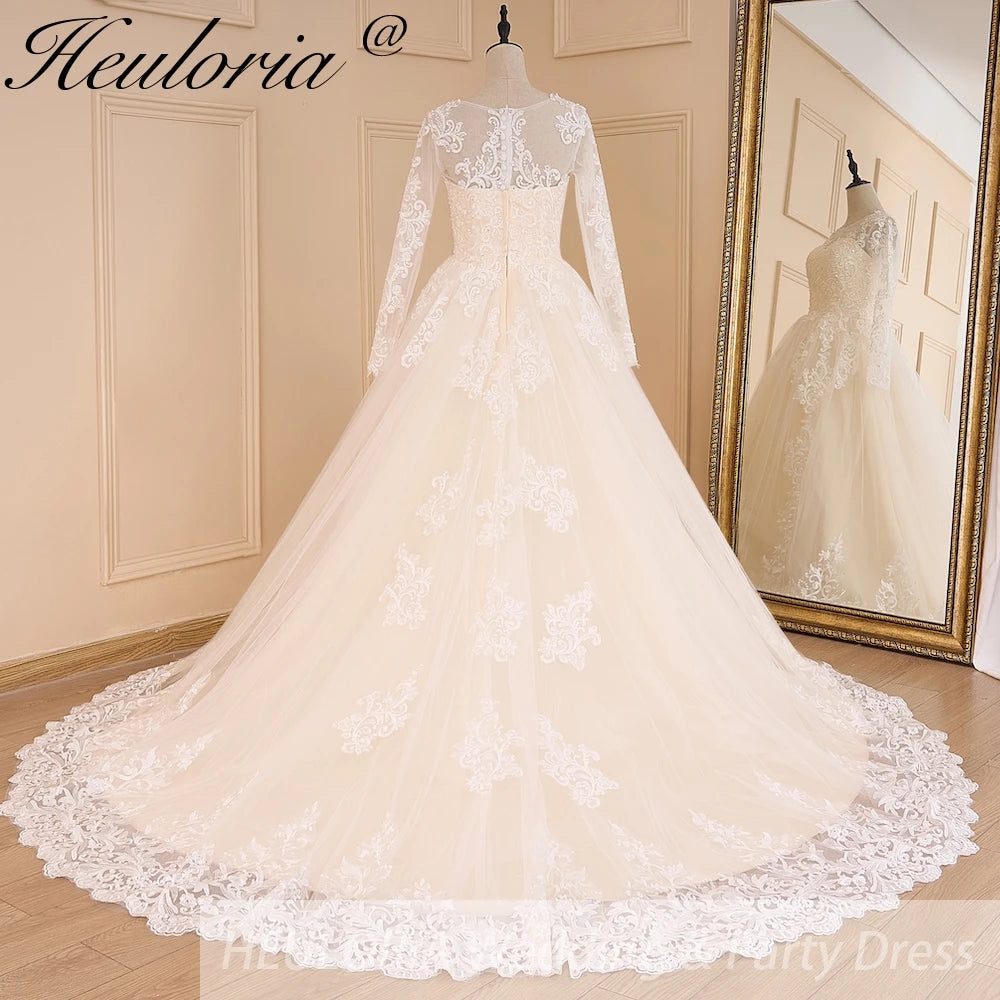 HEULORIA Princess Ball Gown Wedding Dress long sleeve bride dress O neck plus size robe de mariee Lace beading  Bridal Gown BA-599