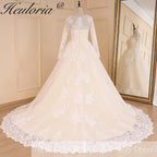 HEULORIA Princess Ball Gown Wedding Dress long sleeve bride dress O neck plus size robe de mariee Lace beading  Bridal Gown BA-599